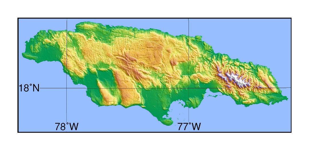 Large topographical map of Jamaica