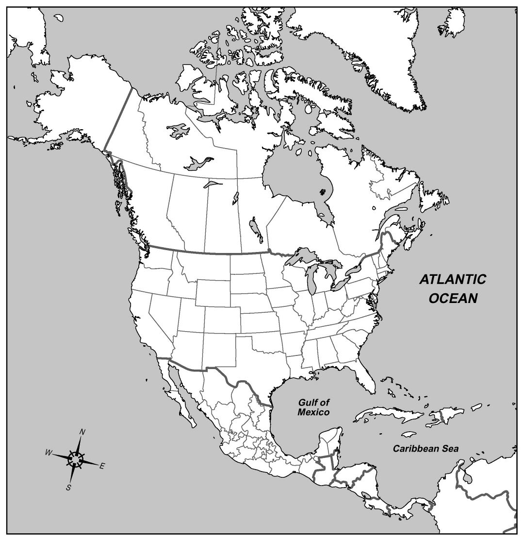 Large contour political map of North America