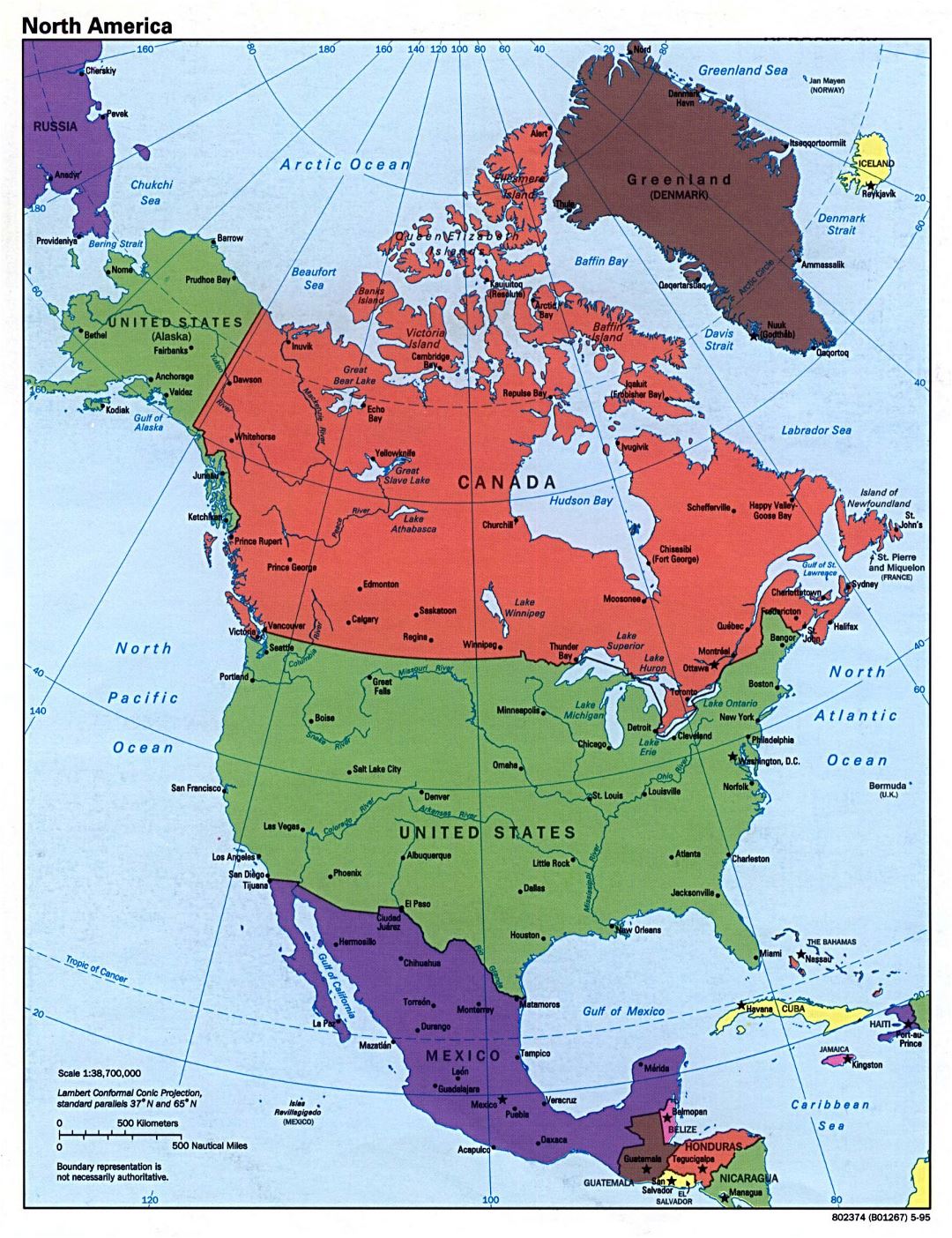 Large detailed political map of North America - 1995