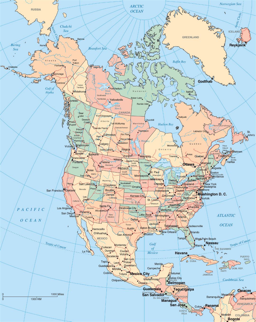 Large detailed political map of North America with administrative divisions