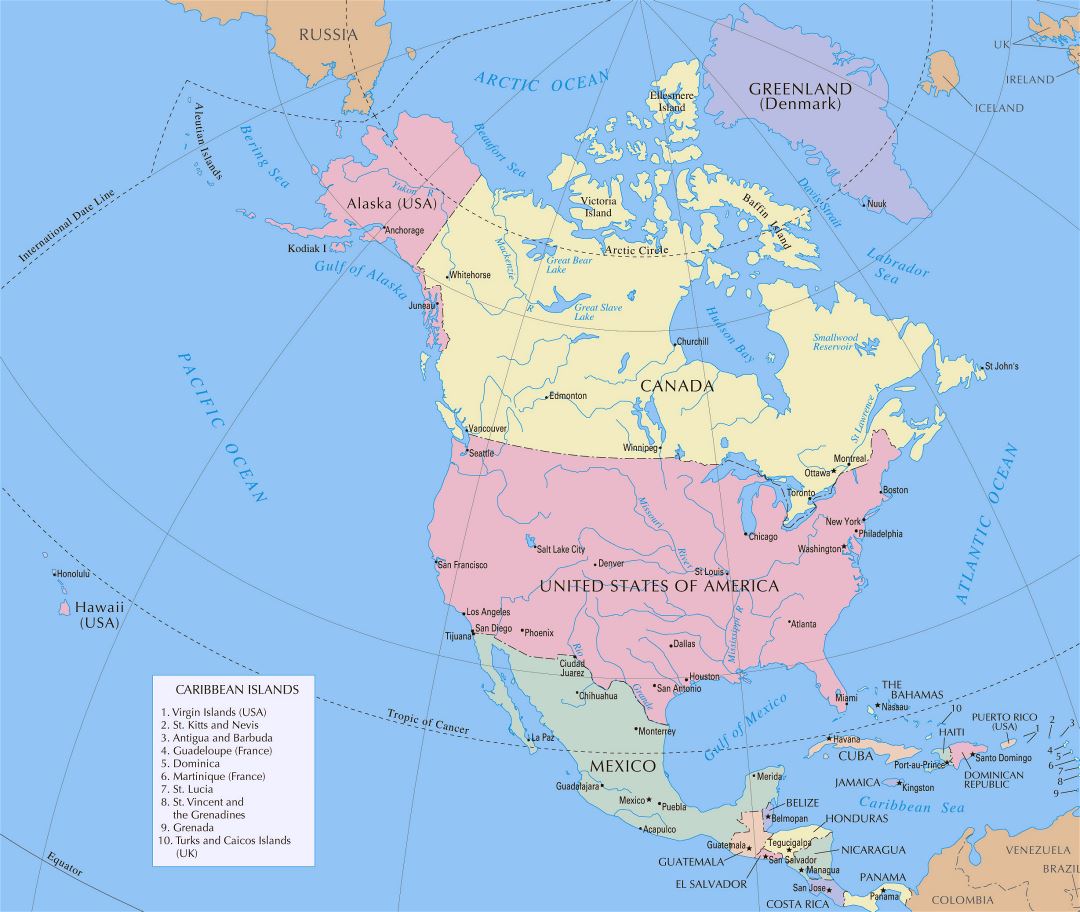 Large detailed political map of North America with capitals