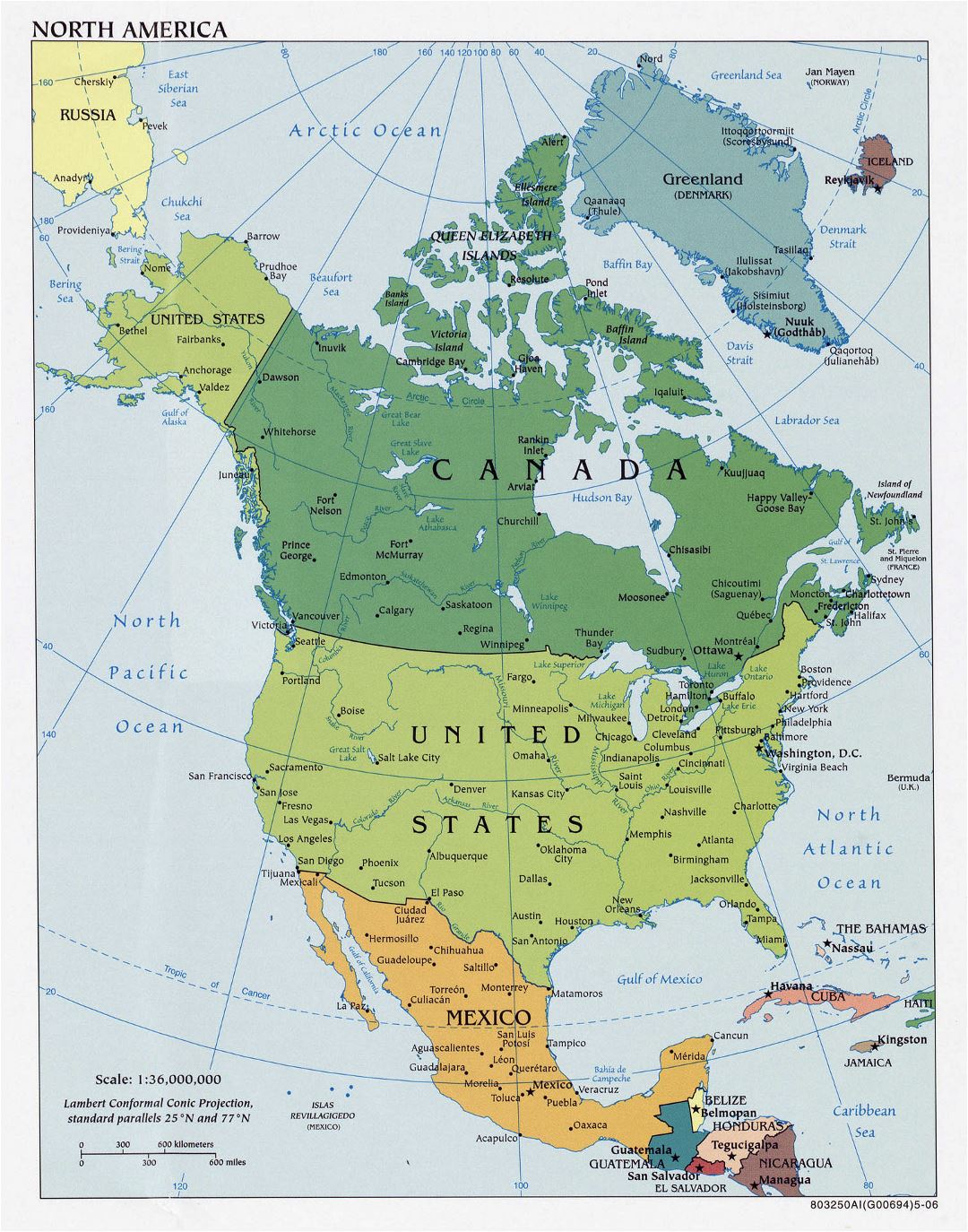Large detailed political map of North America with major cities - 2006