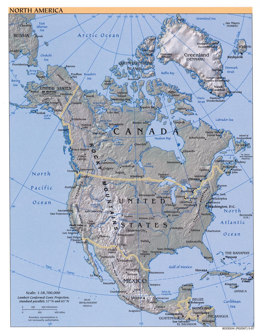 Large detailed political map of North America with relief and major cities - 2007