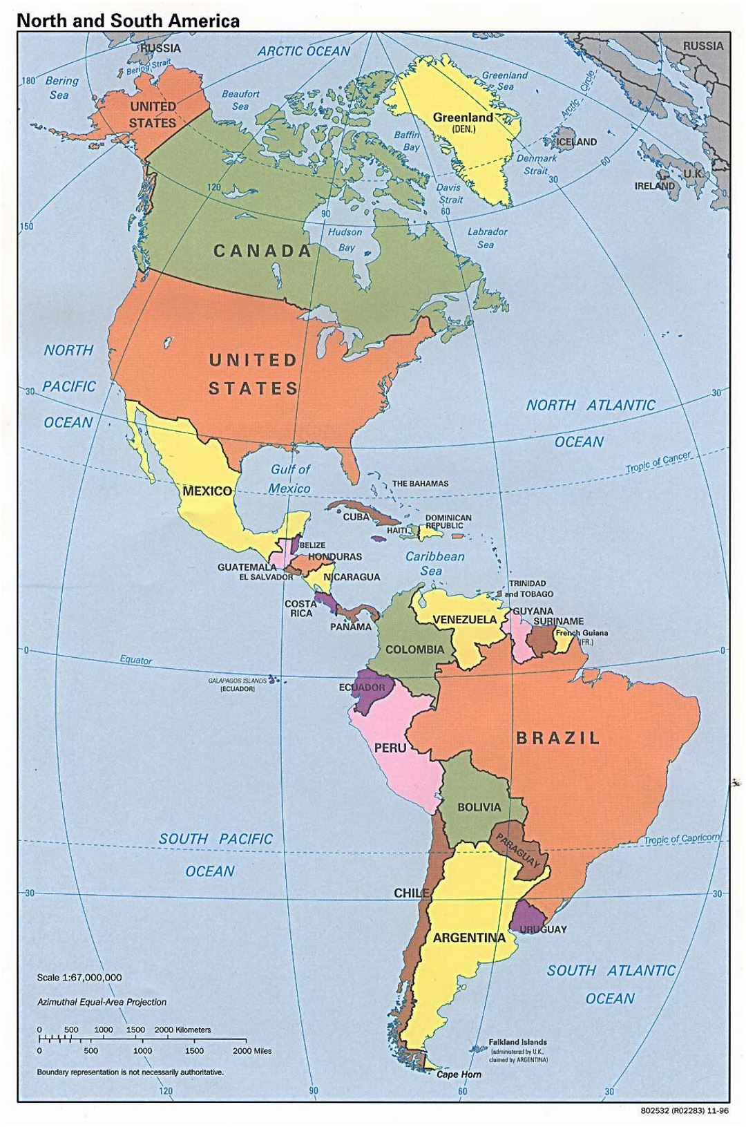Large detailed political map of North and South America - 1996