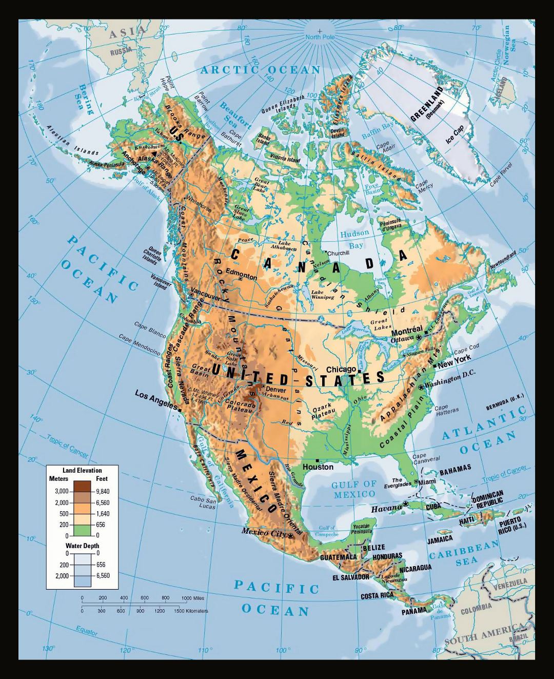 Large physical map of North America