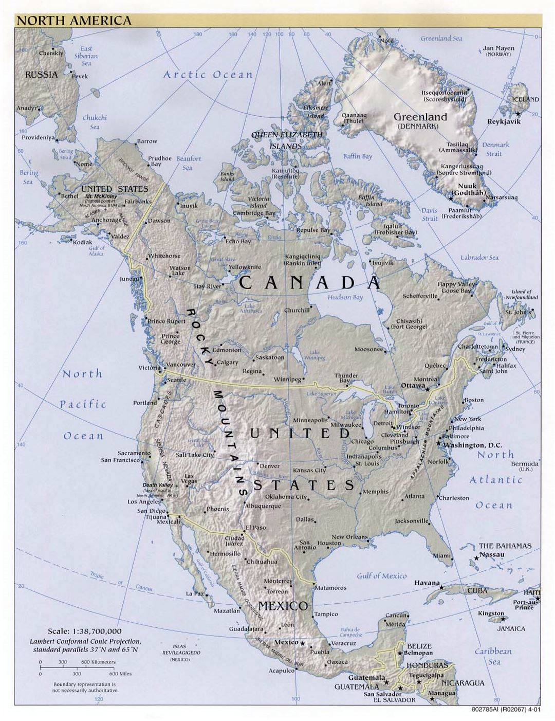 Large political map of North America with relief and capitals - 2001