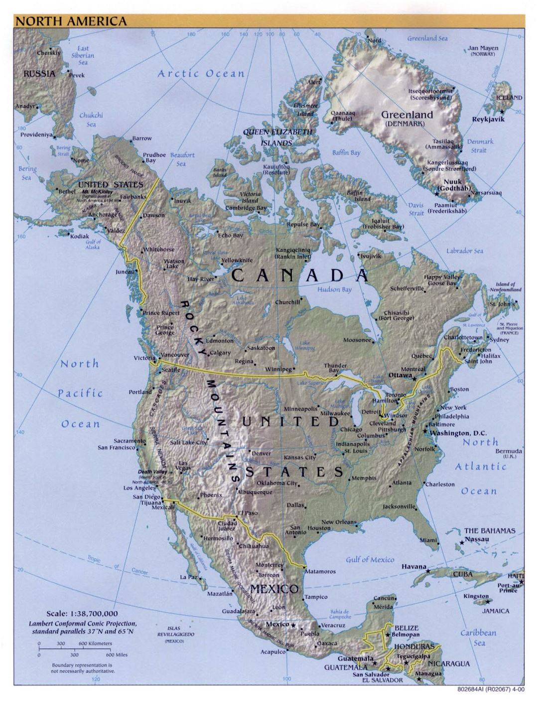 Large political map of North America with relief and cities - 2000