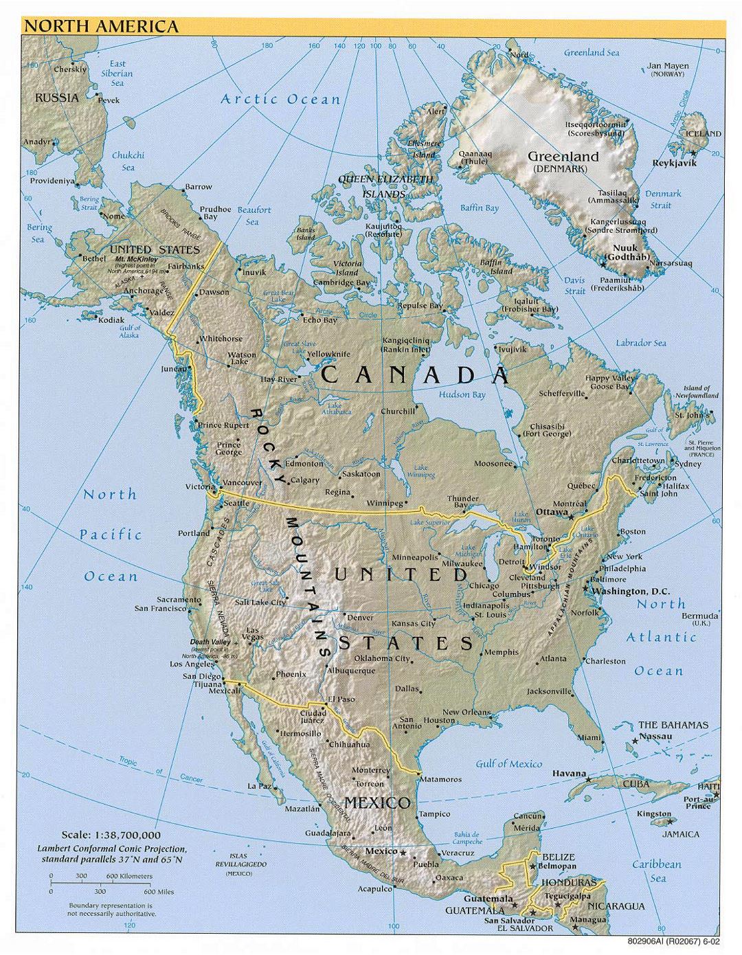 Large political map of North America with relief, major cities and capitals - 2002