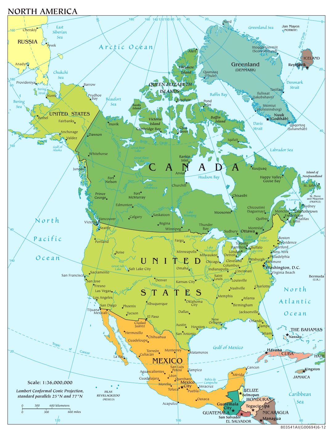Large scale political map of North America with major cities and capitals - 2012