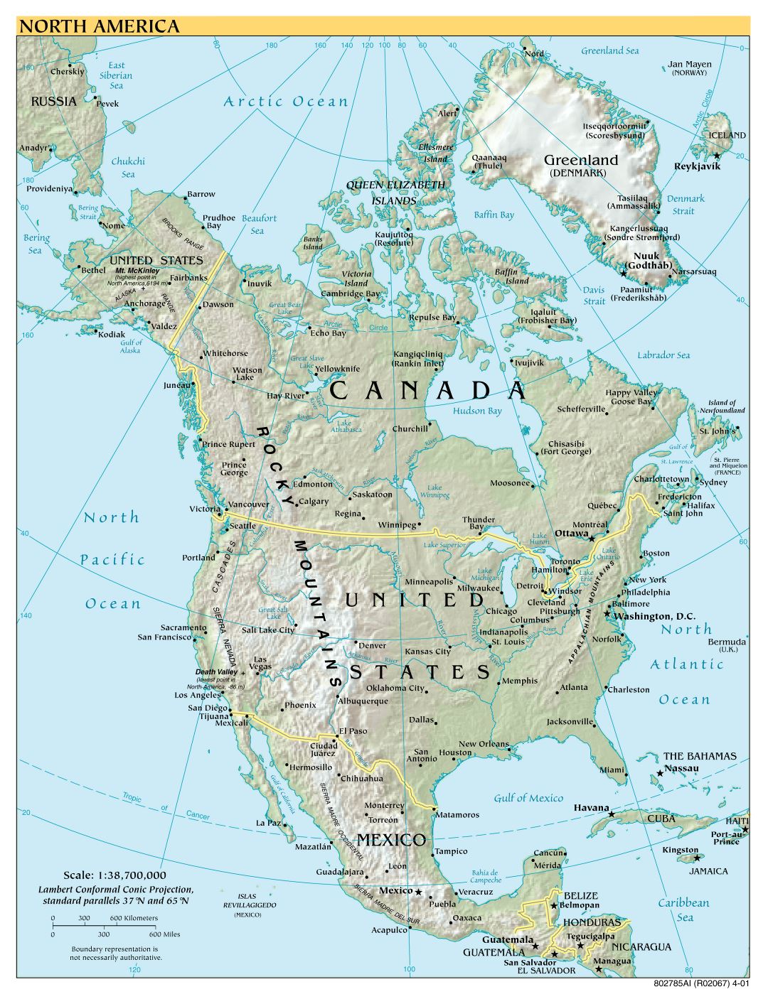 Large scale political map of North America with relief and capitals - 2001