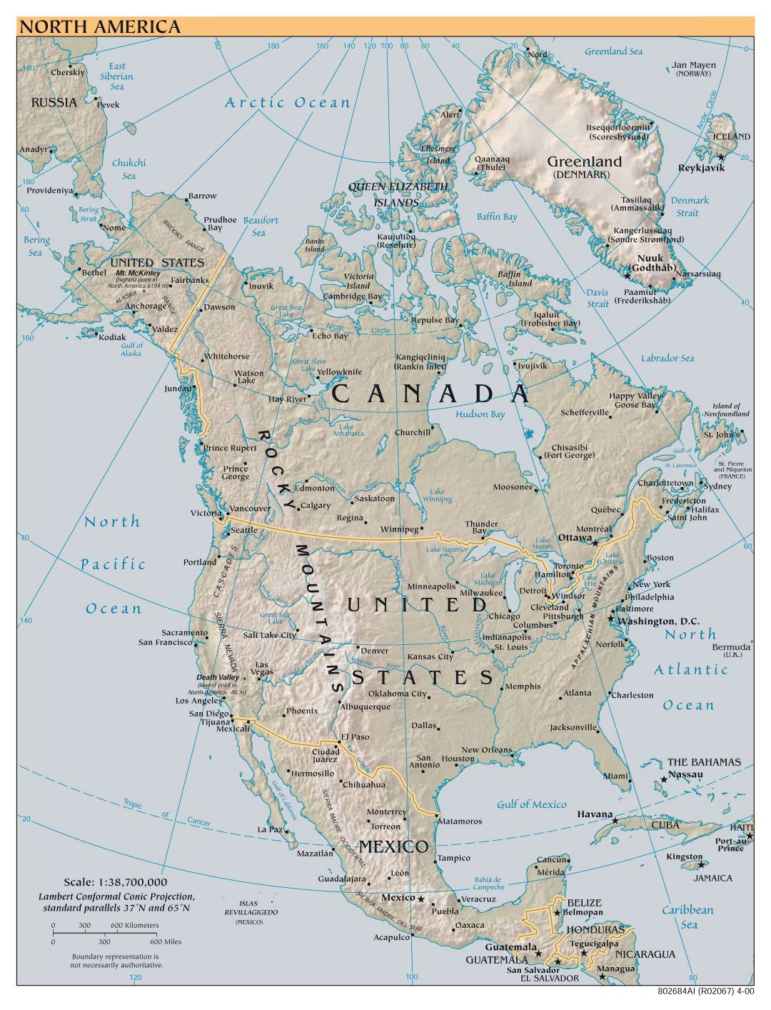 Large scale political map of North America with relief and cities - 2000