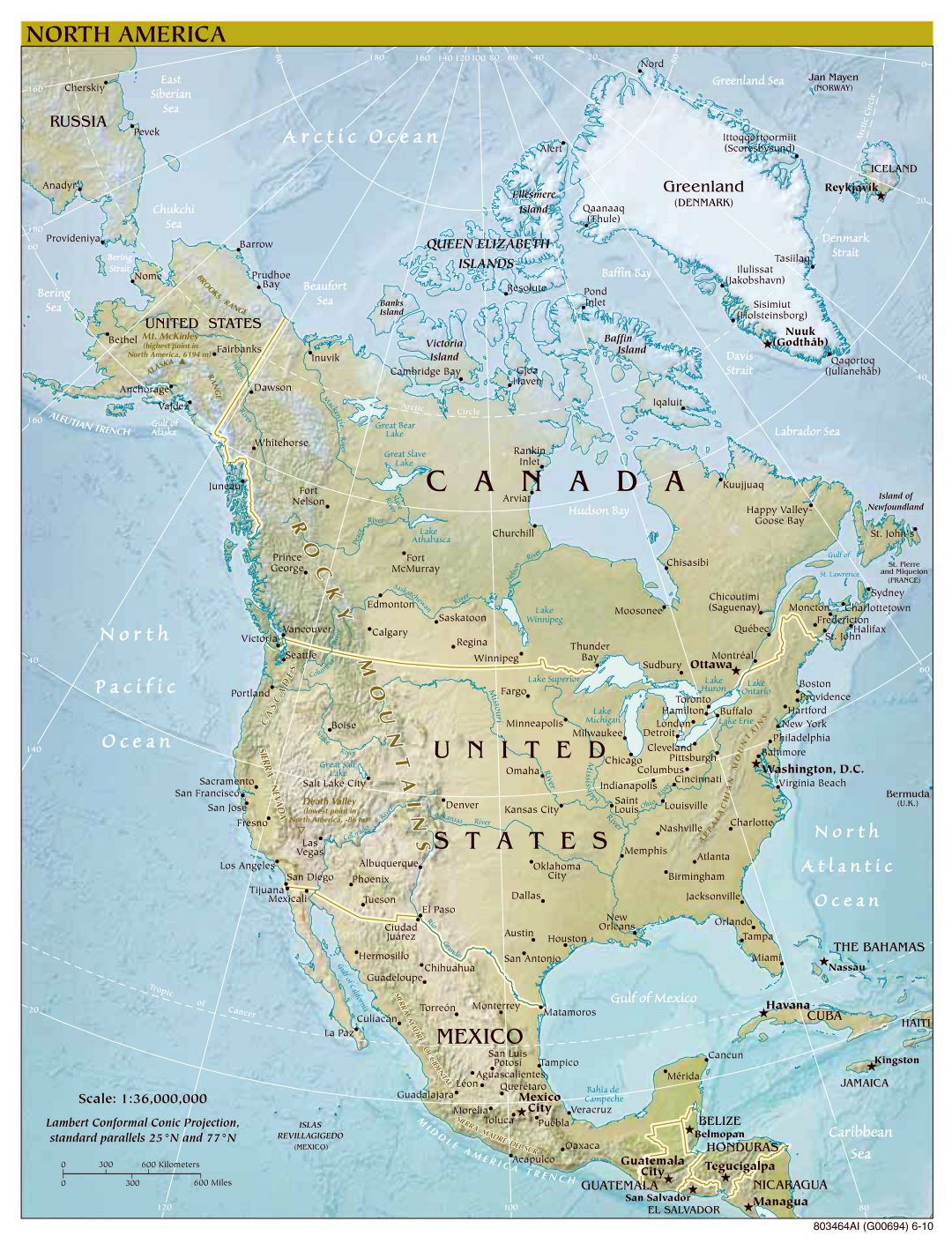 Large scale political map of North America with relief, major cities and capitals - 2010