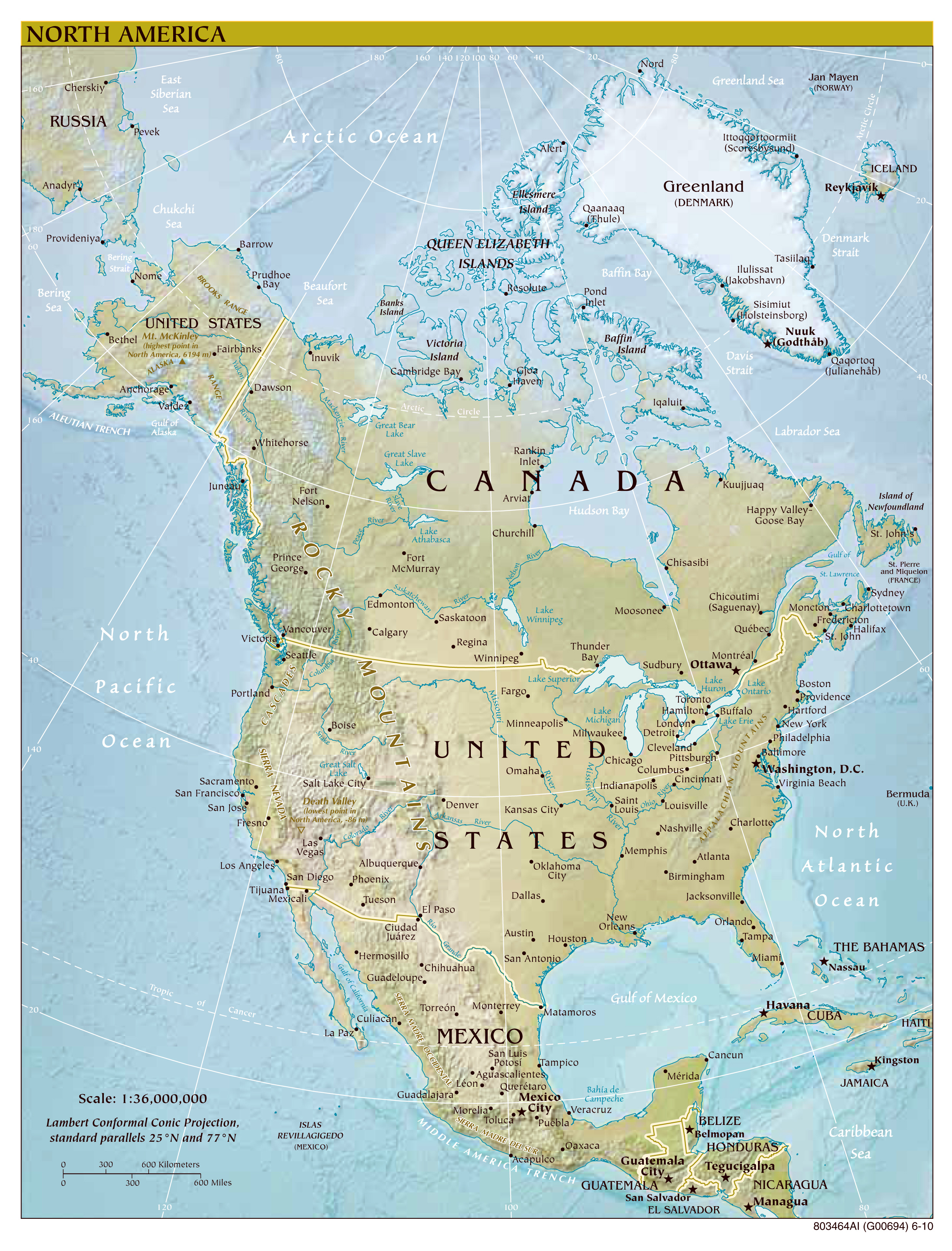 Large scale political map of North America with relief, major cities