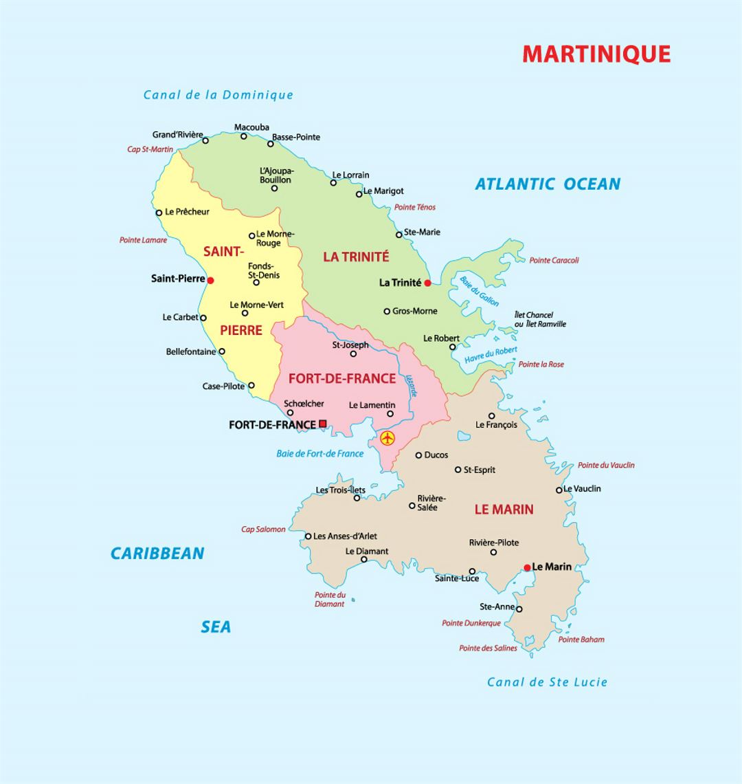 Administrative map of Martinique with cities and airports
