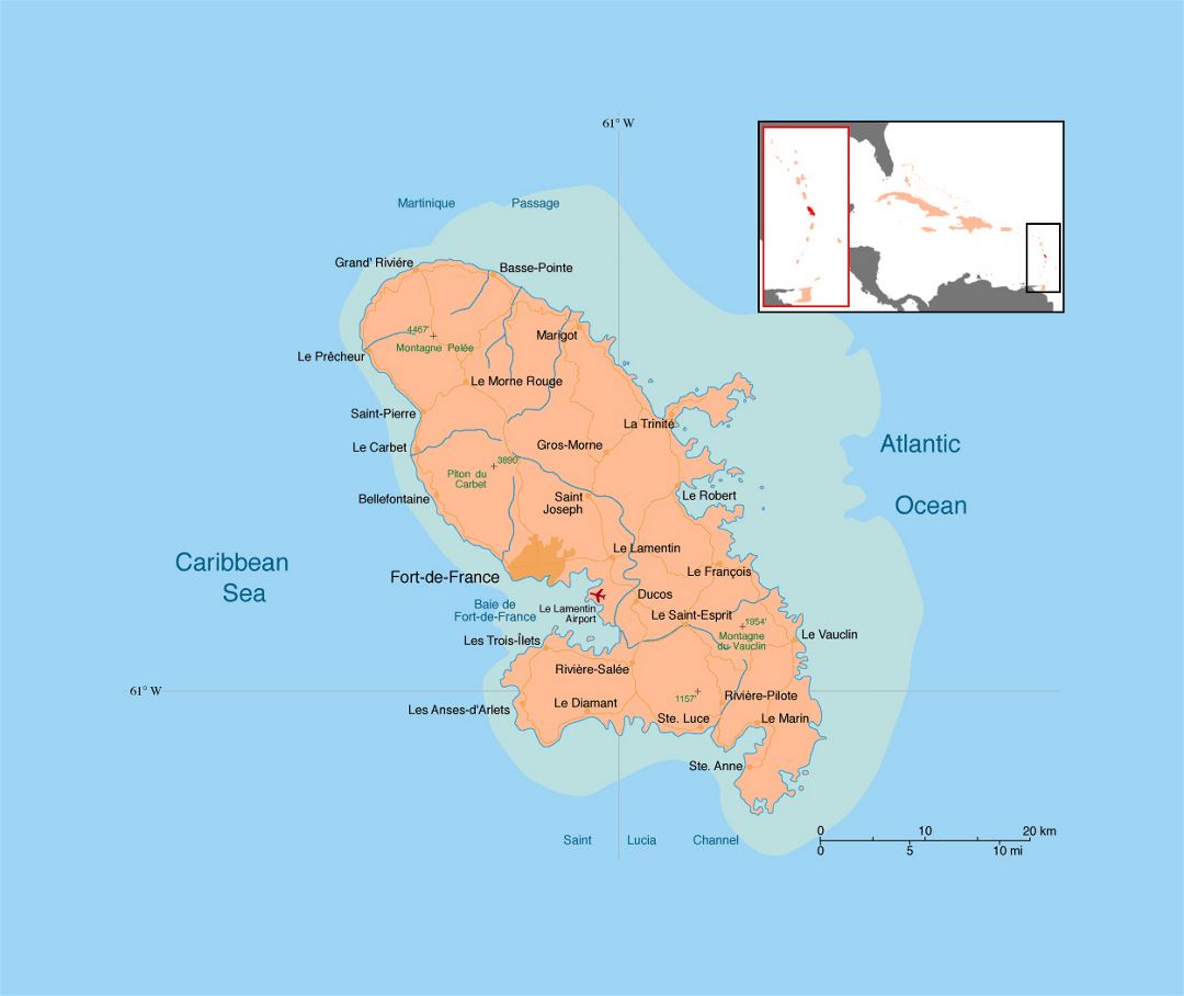 Detailed political map of Martinique with roads, cities and airports