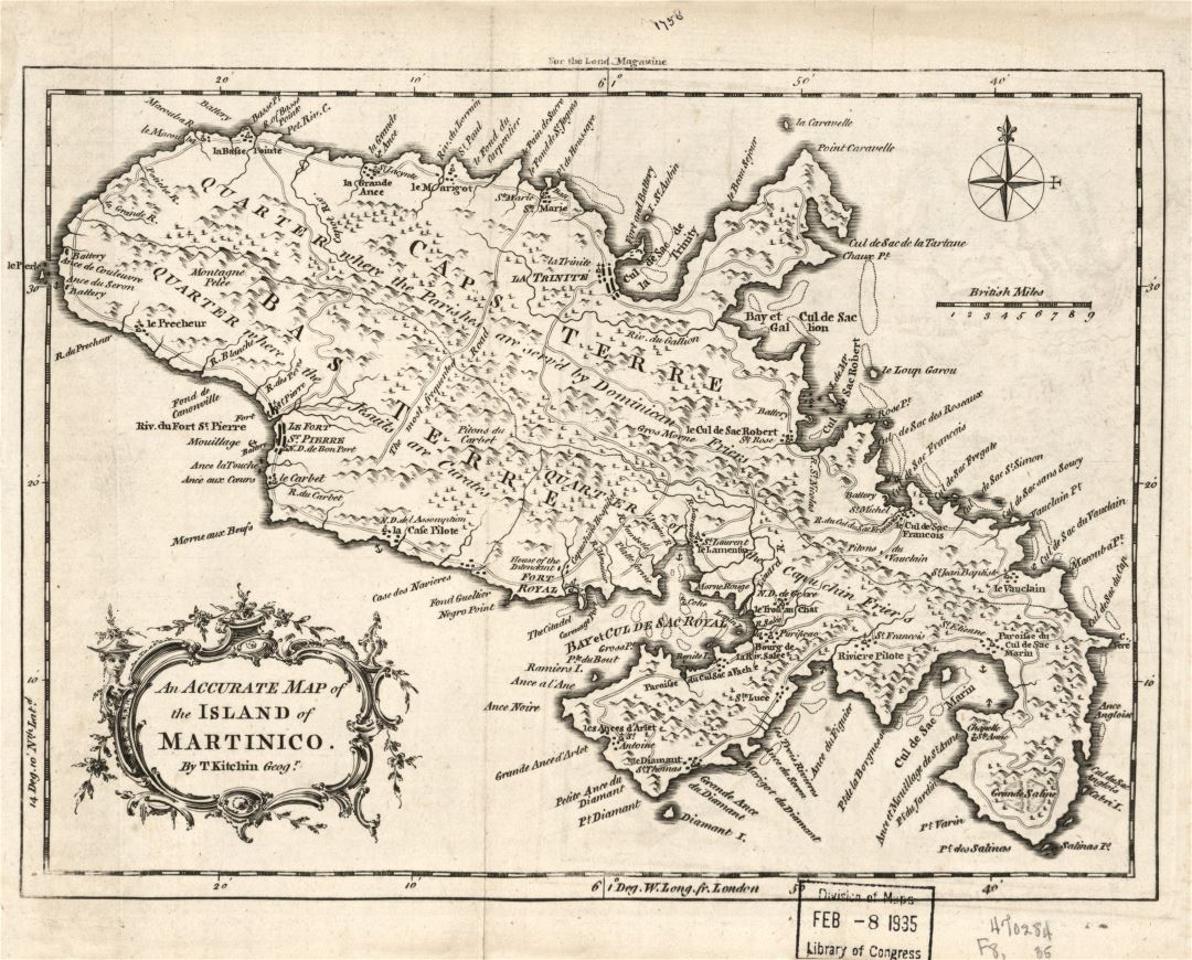 Large detailed old map of Martinique with relief and other marks - 1758