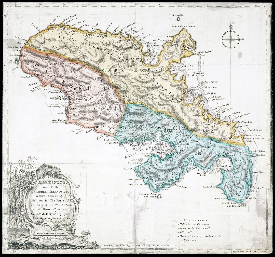 Large detailed old map of Martinique with relief and other marks - 1760