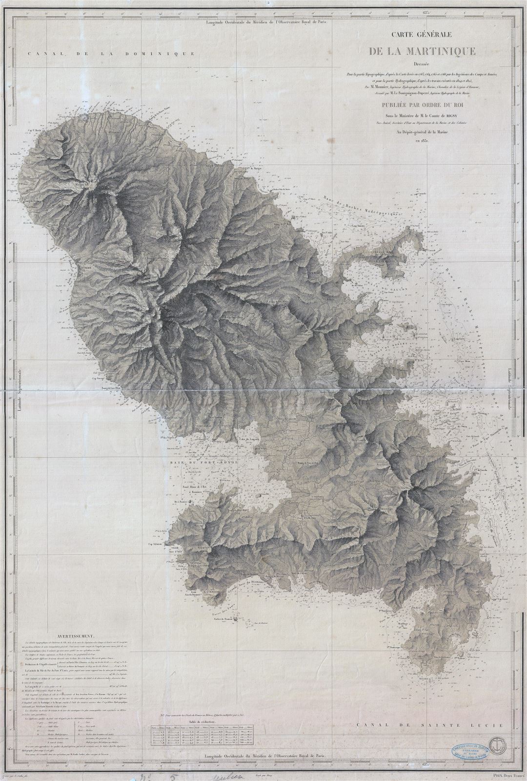Large detailed old relief map of Martinique - 1831