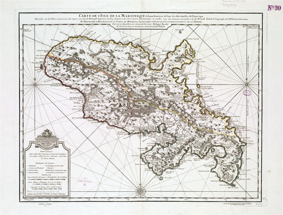 Large old map of Martinique with relief - 1745