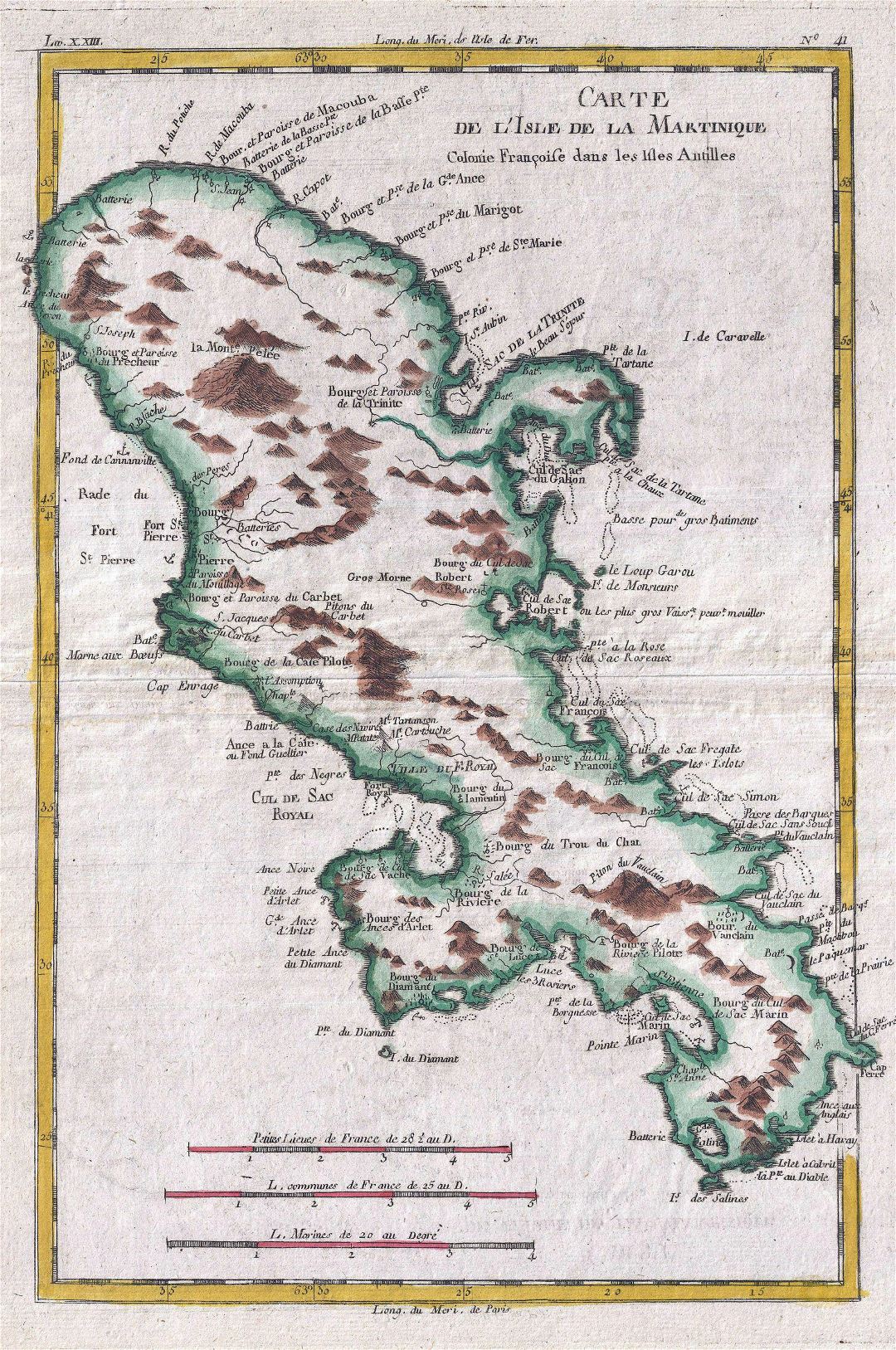 Large old map of Martinique with relief - 1780