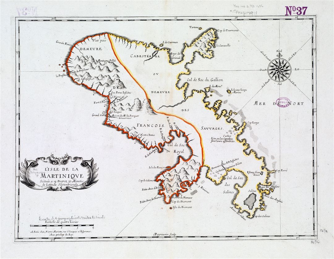 Large old map of Martinique with relief and other marks