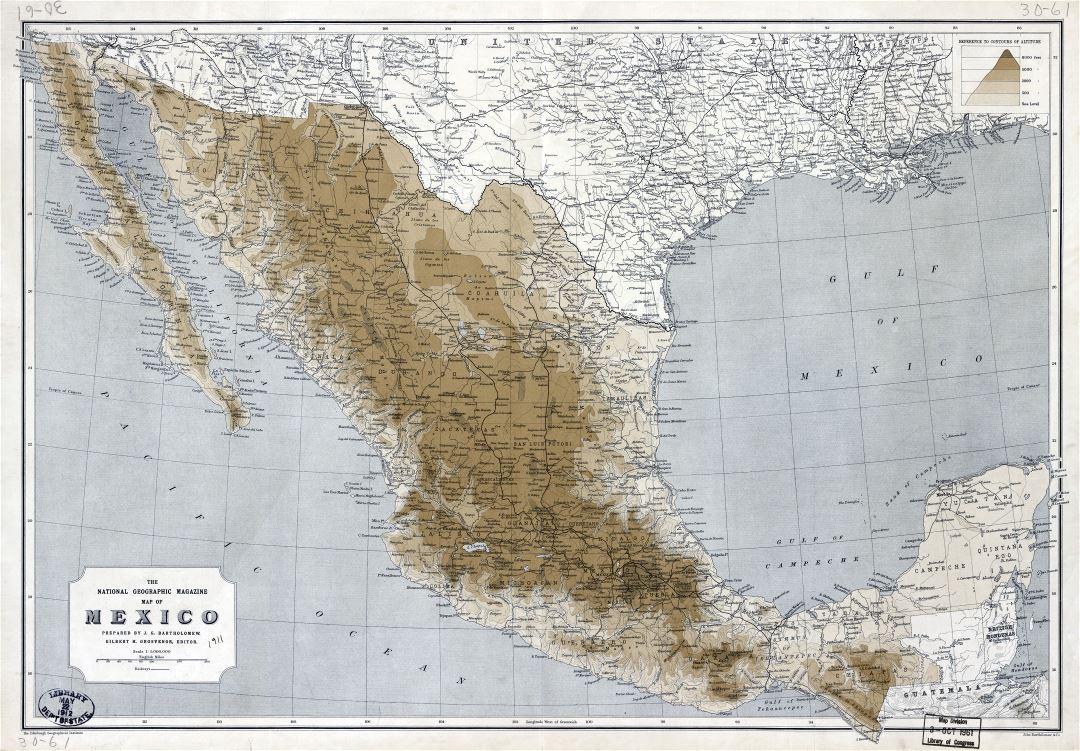 Large detailed old elevation map of Mexico with railways and cities - 1911