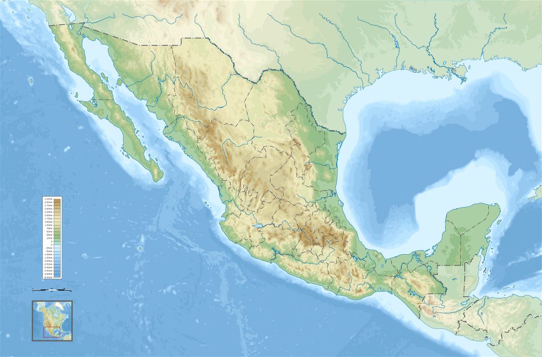 Large detailed physical map of Mexico