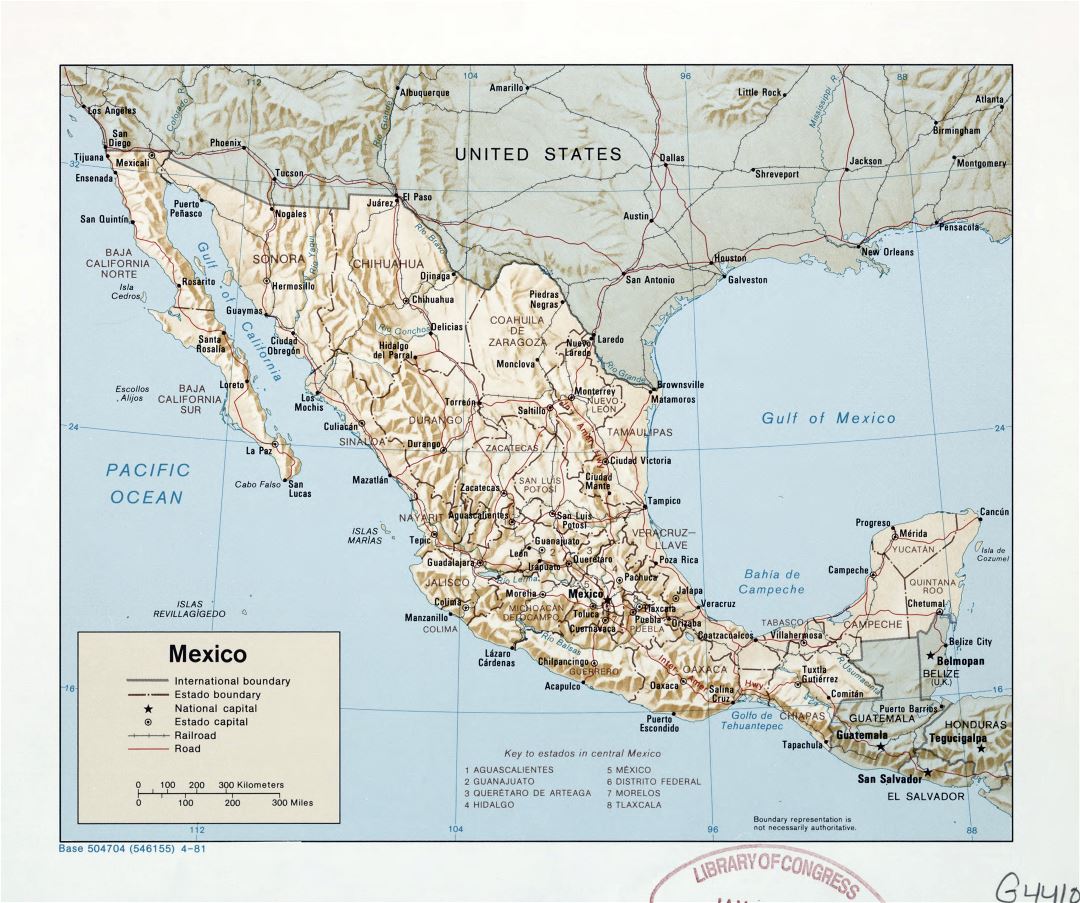Large detailed political and administrative map of Mexico with relief, roads, railroads and major cities - 1981