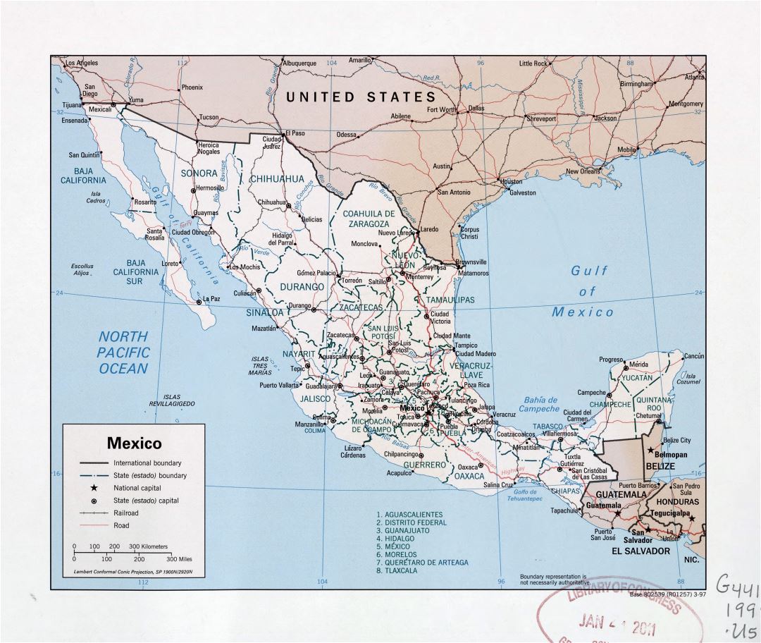 Large detailed political and administrative map of Mexico with roads, railroads and major cities - 1997