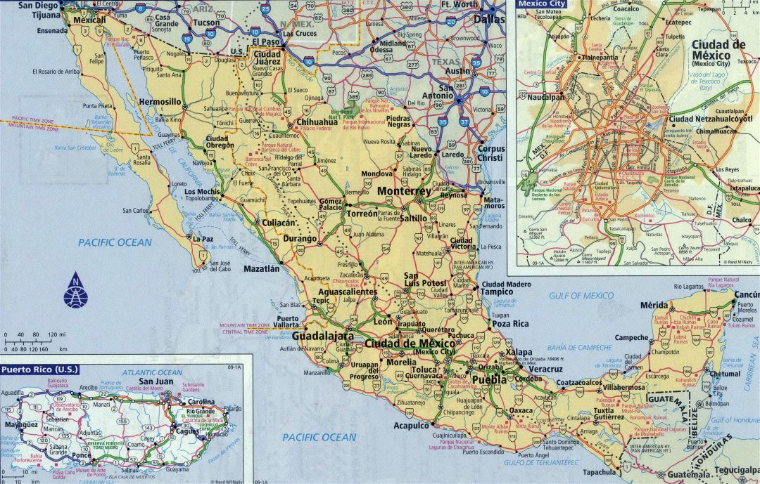 Large detailed roads and highways map of Mexico with cities