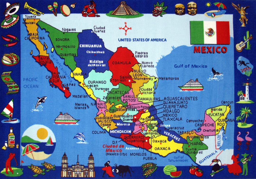Large detailed tourist illustrated map of Mexico