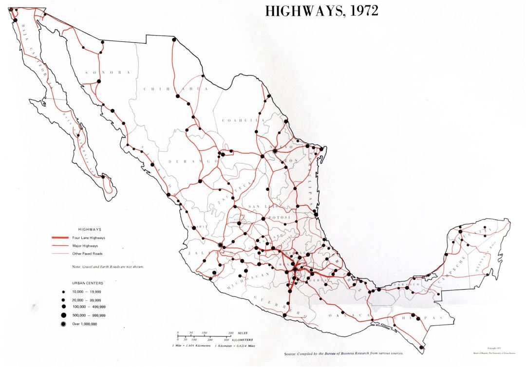 Large highways map of Mexico - 1972