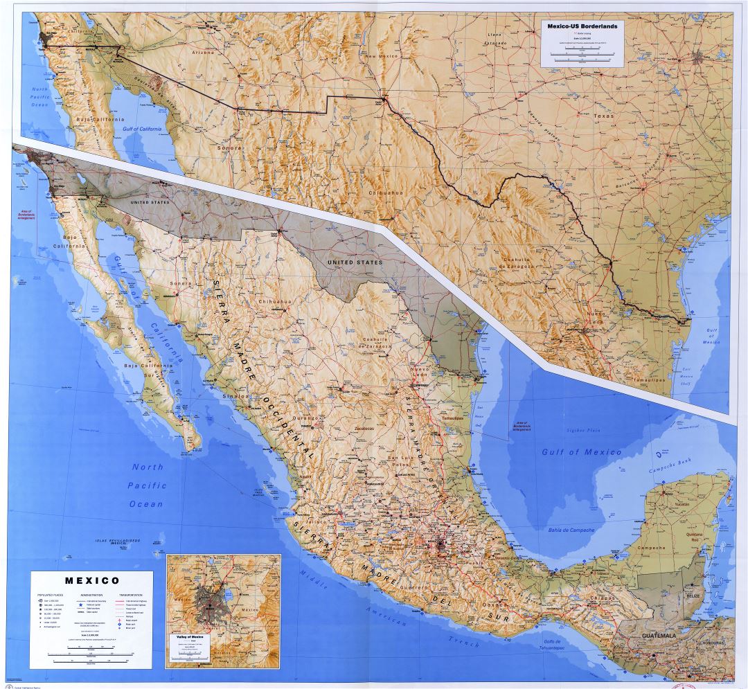 Large scale detailed political and administrative map of Mexico with relief, roads, railroads, cities, ports and airports - 1993