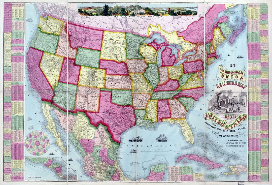 Large scale detailed the American Union Railroad old map of the United States, British Possessions, West Indies, Mexico and Central America - 1872