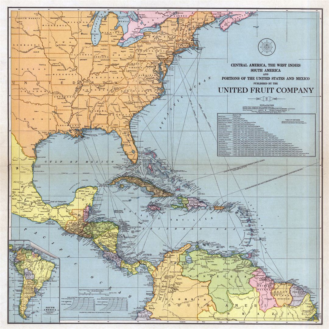 Large scale old map of Central America, the West Indies, South America and portions of the United States and Mexico - 1909