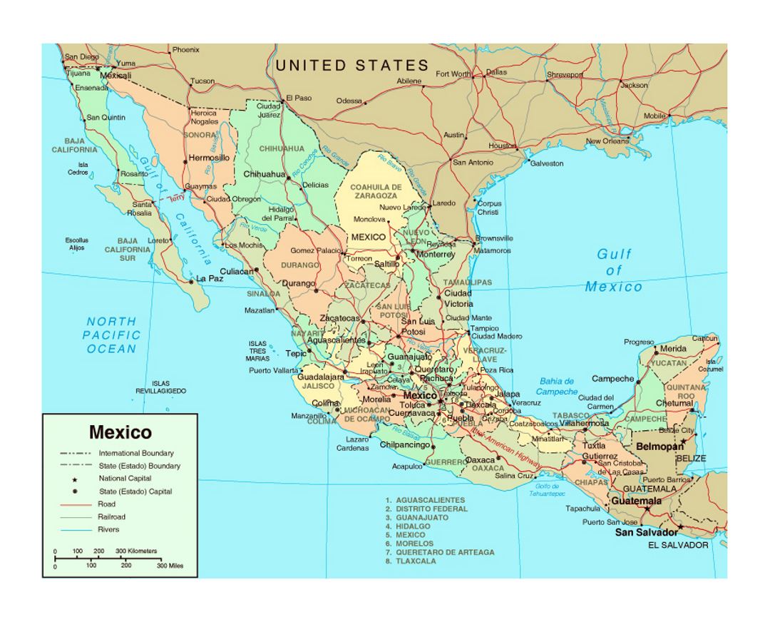 Political and administrative map of Mexico with roads, railroads, major cities and other marks