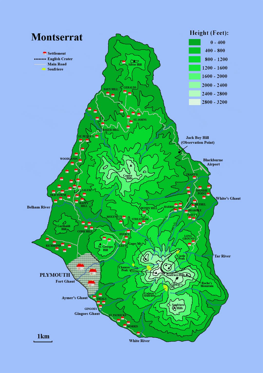 Large elevation map of Montserrat island with settlements and other marks