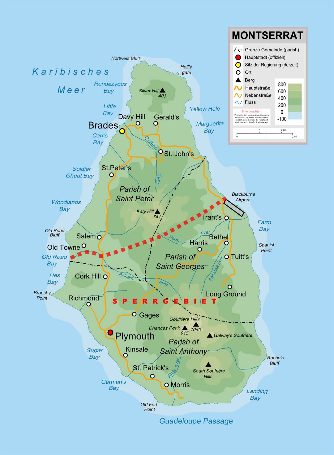 Large physical map of Montserrat island with roads and other marks