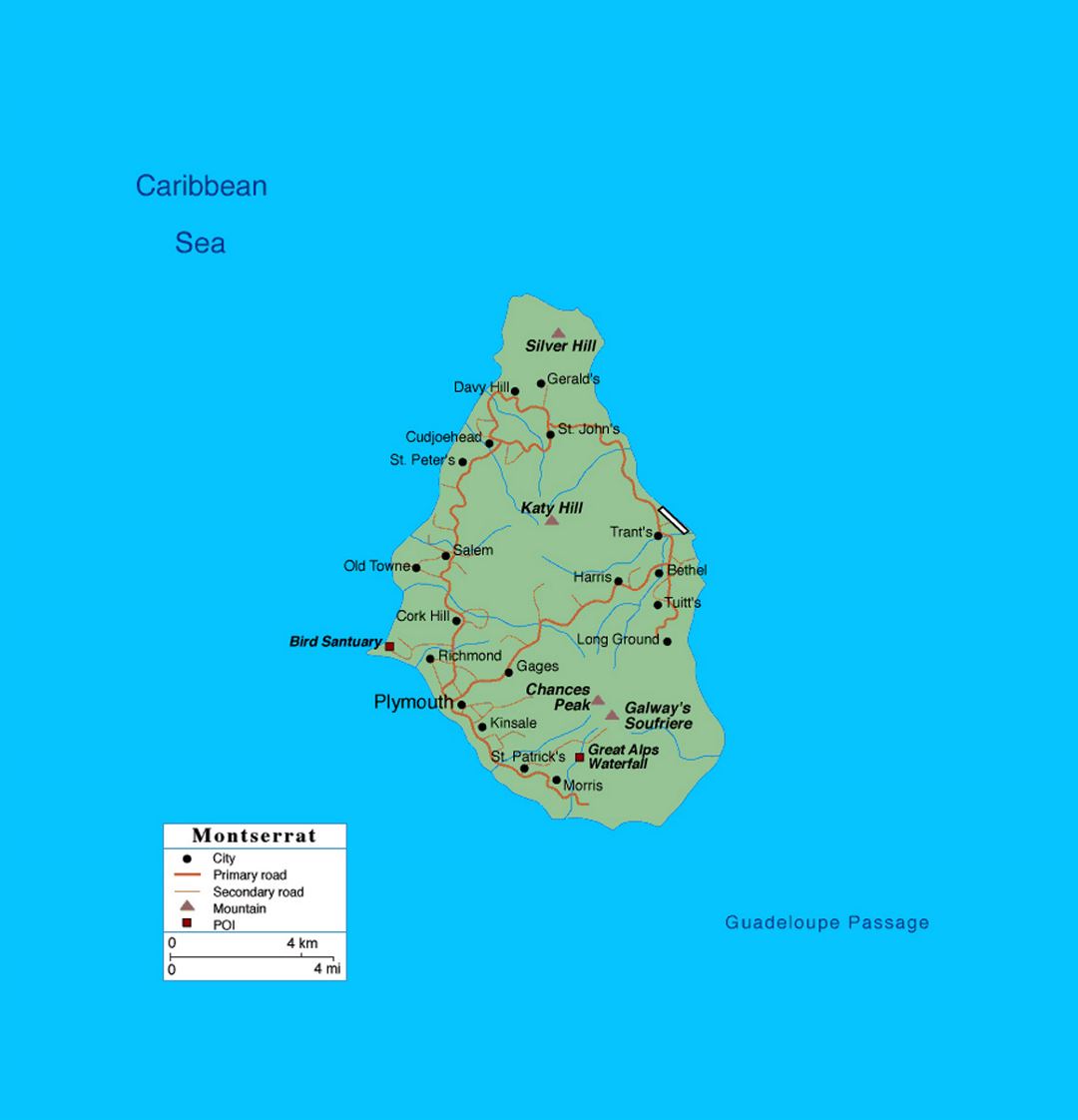 Road map of Montserrat island with cities