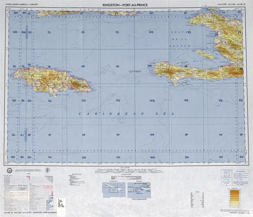 Large detailed topographical map of Jamaica, Navassa Island, U.S. Haiti and Cuba