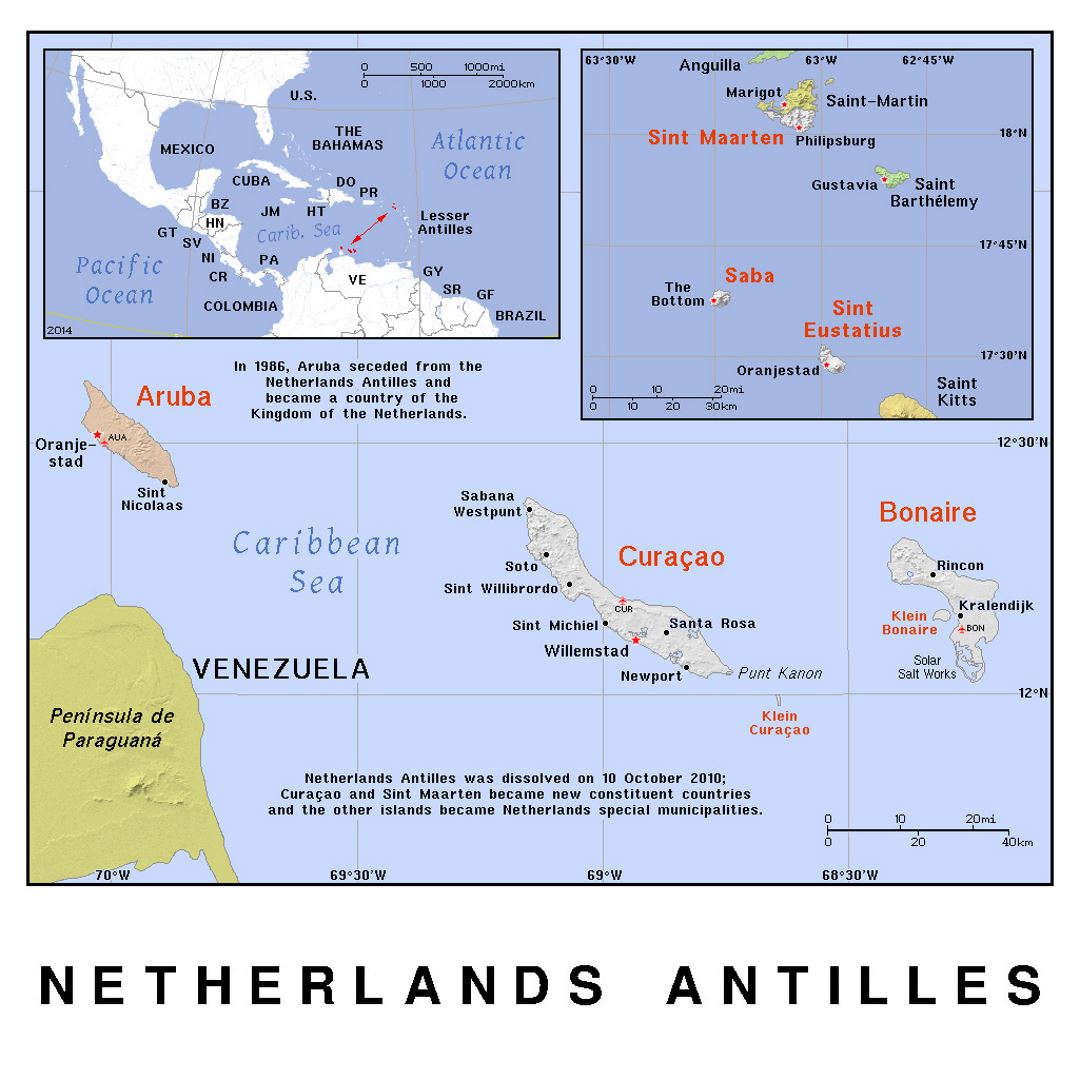 Detailed political map of Netherlands Antilles with relief