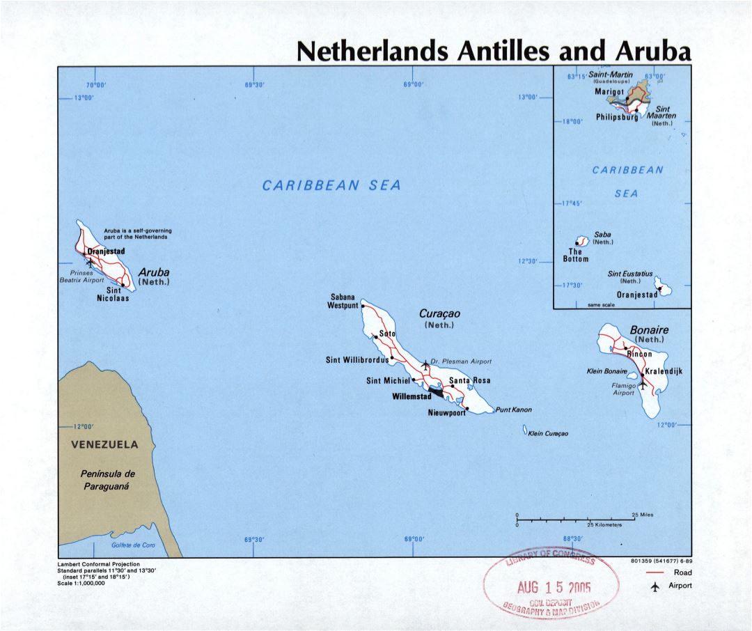 Large detailed political map of Netherland Antilles and Aruba with roads, cities and airports - 1989