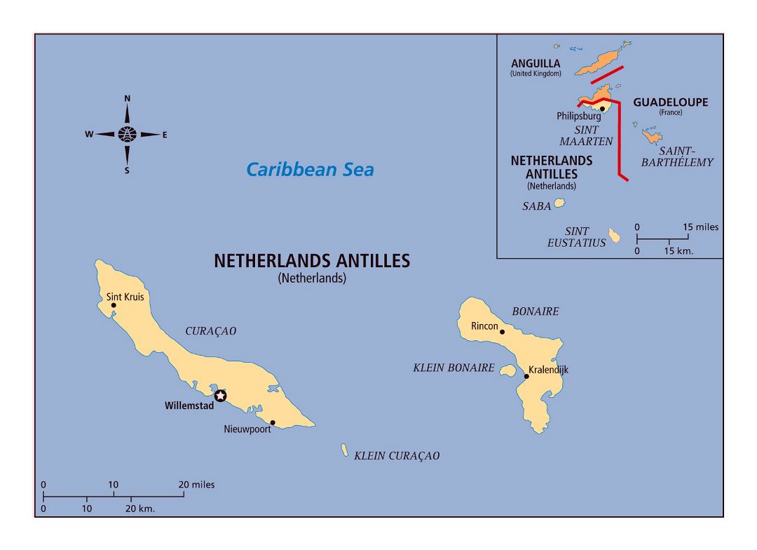 Large detailed political map of Netherlands Antilles with cities