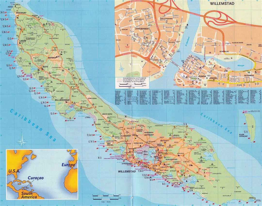 Large detailed road and travel map of Curacao Island, Netherlands Antilles