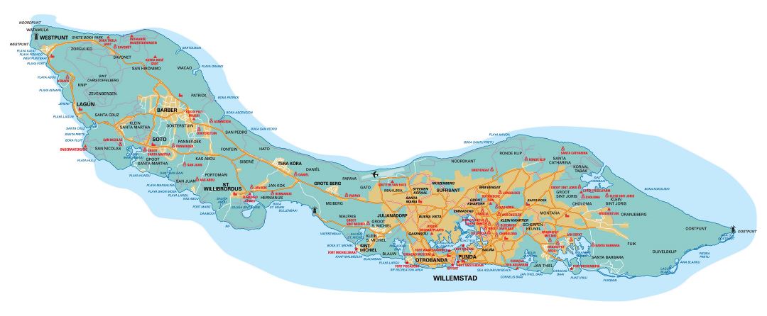 Large detailed road map of Curacao, Netherlands Antilles with airport