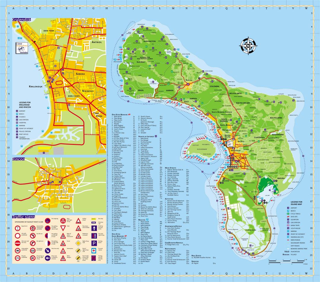 Large detailed tourist map of Bonaire Island, Netherlands Antilles with roads
