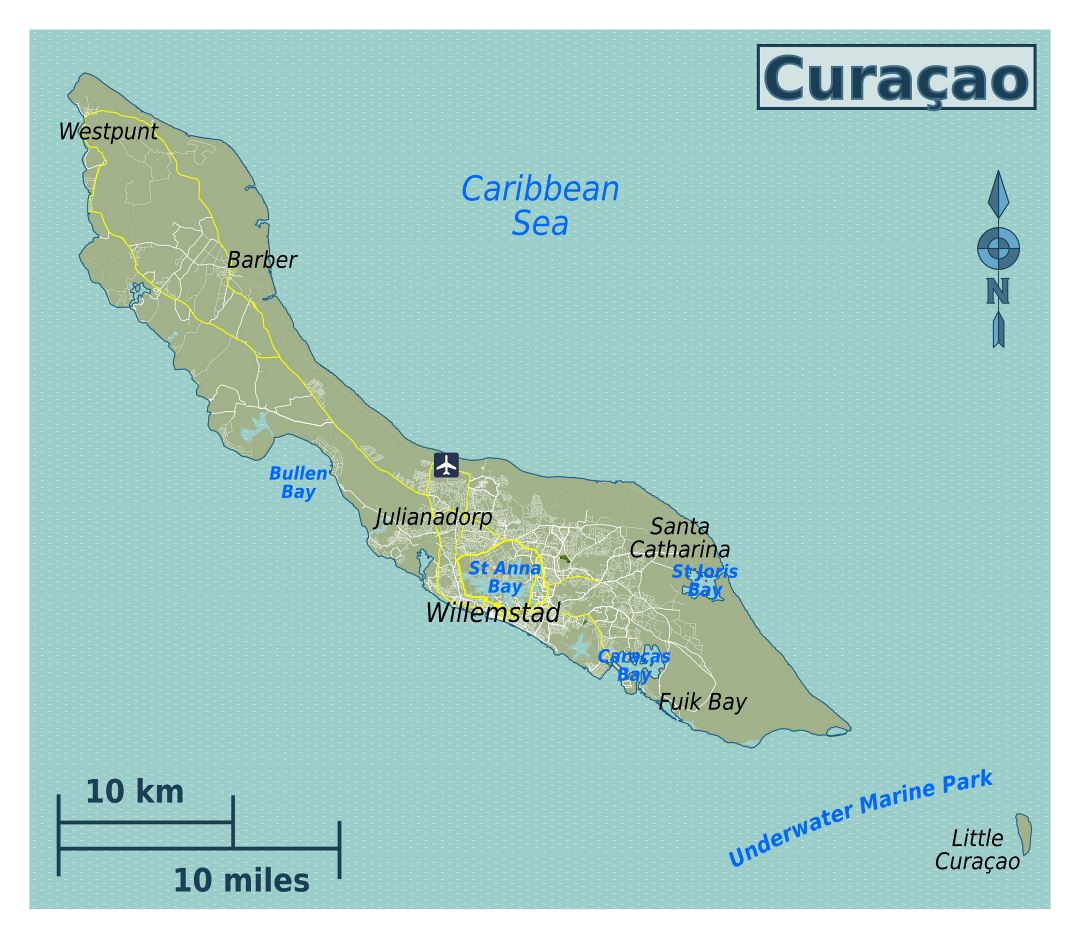 Large map of Curacao, Netherlands Antilles with roads, cities and airport