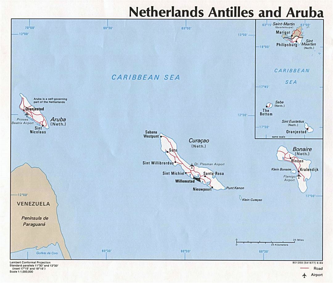 Large political map of Netherland Antilles and Aruba with roads, cities and airports - 1989