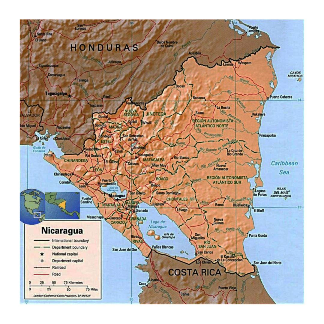 Detailed political and administrative map of Nicaragua with relief, roads, railroads and major cities