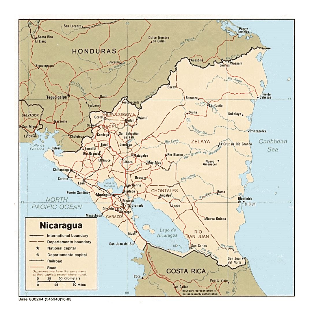 Detailed political and administrative map of Nicaragua with roads, railroads and major cities - 1985